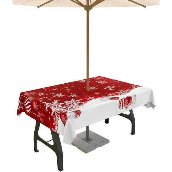 Outdoor Tablecloth with Umbrella Hole & Zipper, Christmas Rectangle Tablecloth 60x84 Inch, Red Christmas Balls White Winter Snowflake Patio Table Cover Waterproof Table Cloth for Picnic/Party