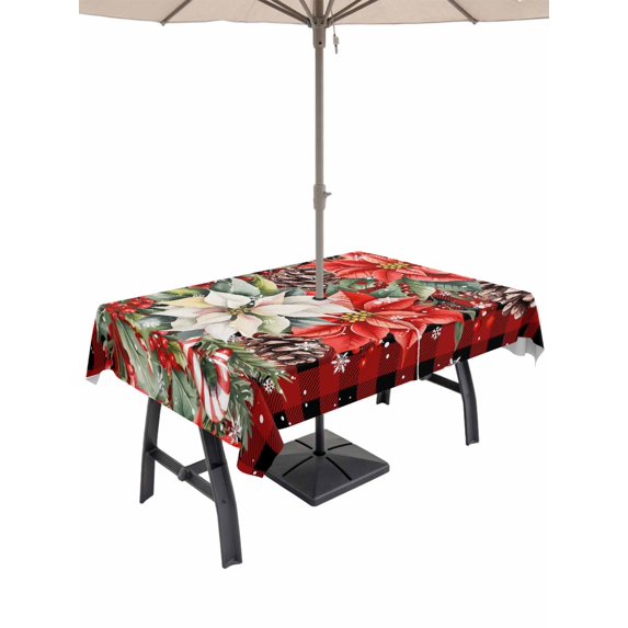 Outdoor Tablecloth with Umbrella Hole and Zipper, Christmas Red Check Rectangle Table Cloth 60x120 Inch Waterproof Tablecloth, Poinsettia Xmas Flower Snowflake Berry Picnic Table Cover for Patio