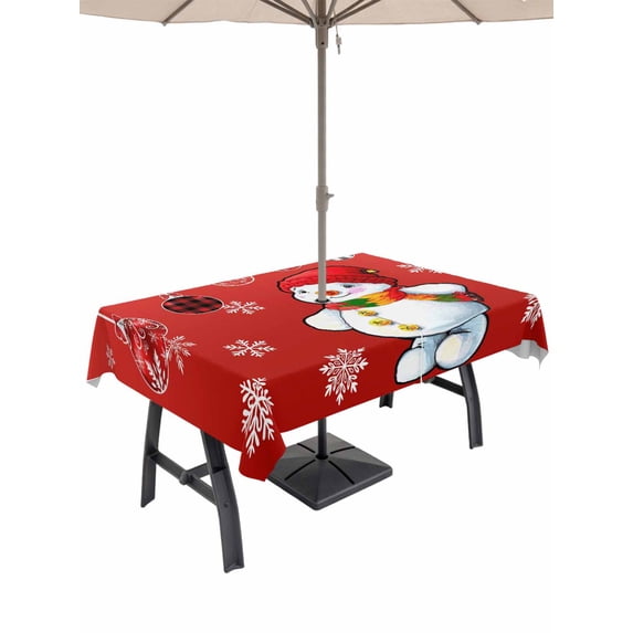 Outdoor Tablecloth with Umbrella Hole and Zipper, Christmas Red Rectangle Table Cloth 54x80 Inch Waterproof Tablecloth, Cute Snowman Xmas Balls Winter Snowflake Picnic Table Cover for Patio Camping