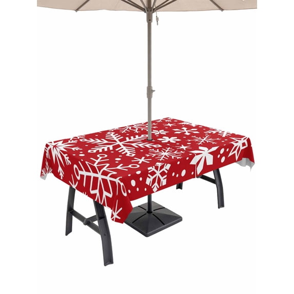 Outdoor Tablecloth with Umbrella Hole and Zipper, Christmas Red Rectangle Table Cloth 60x102 Inch Waterproof Tablecloth, Winter Snowflakes Xmas New Year Picnic Table Cover for Patio Camping
