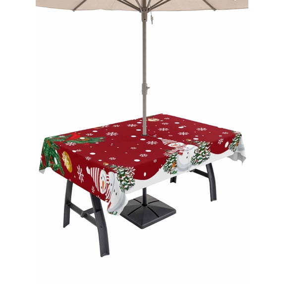 Outdoor Tablecloth with Umbrella Hole and Zipper, Christmas Red Rectangle Table Cloth 60x120 Inch Waterproof Tablecloth, Snowman Xmas Pine Branch Cardinal Bird Snowflake Picnic Table Cover for Patio