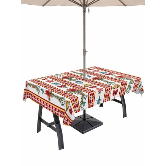 Outdoor Tablecloth with Umbrella Hole and Zipper, Christmas Red Rectangle Table Cloth 60x84 Inch Waterproof Tablecloth, Poinsettia Floral Xmas Pine Branch Winter Holiday Picnic Table Cover for Patio