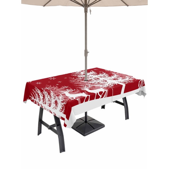 Outdoor Tablecloth with Umbrella Hole and Zipper, Christmas Red Rectangle Table Cloth 60x84 Inch Waterproof Tablecloth, White Xmas Tree Elk Winter Snowflake Picnic Table Cover for Patio Camping