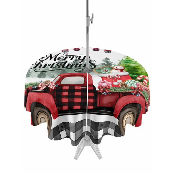 Outdoor Tablecloth with Umbrella Hole and Zipper, Christmas Red Truck Round Table Cloth 54 Inch Waterproof Tablecloth, Xmas Tree Snowman Winter Gifts Plaid Picnic Table Cover for Patio Camping