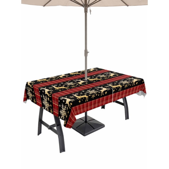 Outdoor Tablecloth with Umbrella Hole and Zipper, Christmas Reindeer Rectangle Table Cloth 52x70 Inch Waterproof Tablecloth, Red Farmhouse Checker Xmas Snowflake Picnic Table Cover for Patio Camping