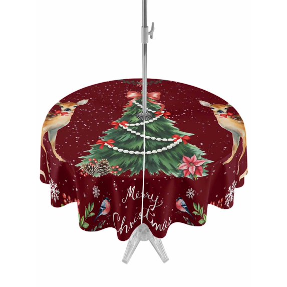 Outdoor Tablecloth with Umbrella Hole and Zipper, Christmas Reindeer Round Table Cloth 54 Inch Waterproof Tablecloth, Xmas Elk Pine Tree Red Poinsettia Floral Picnic Table Cover for Patio Camping