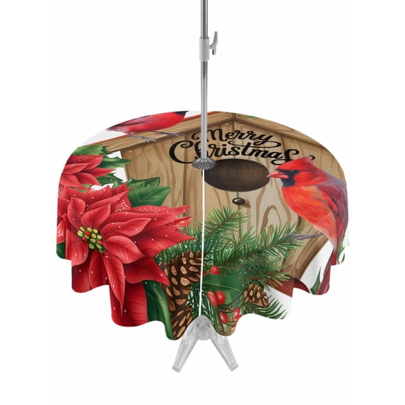 Outdoor Tablecloth with Umbrella Hole and Zipper, Christmas Round Table Cloth 54 Inch Waterproof Tablecloth, Red Cardinal Poinsettia Hut Berry Pine Needles Picnic Table Cover for Patio Camping