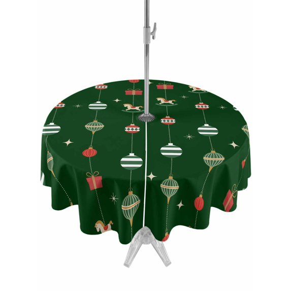 Outdoor Tablecloth with Umbrella Hole and Zipper, Christmas Round Table Cloth 54 Inch Waterproof Tablecloth, Winter Xmas Balls Weeping Green Cartoon Cute Picnic Table Cover for Patio Camping