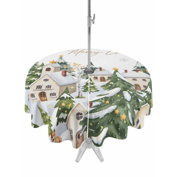 Outdoor Tablecloth with Umbrella Hole and Zipper, Christmas Round Table Cloth 54 Inch Waterproof Tablecloth, Winter Xmas Trees Snowflakes Country Cabin Picnic Table Cover for Patio Camping