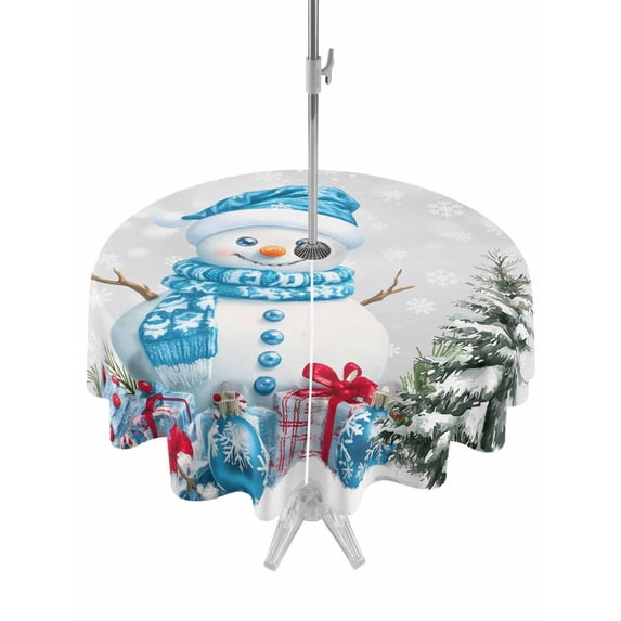 Outdoor Tablecloth with Umbrella Hole and Zipper, Christmas Round Table Cloth 60 Inch Waterproof Tablecloth, Blue Snowman Xmas Tree Balls Winter Snowflakes Picnic Table Cover for Patio Camping