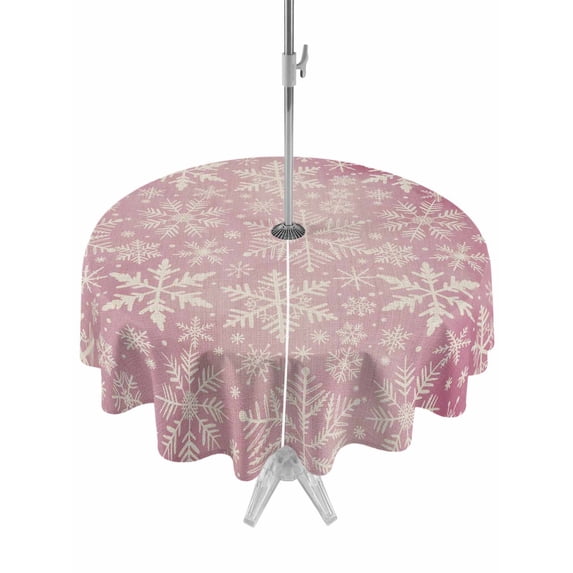 Outdoor Tablecloth with Umbrella Hole and Zipper, Christmas Round Table Cloth 60 Inch Waterproof Tablecloth, Pink Watercolor Snowflakes Pattern Winter Picnic Table Cover for Patio Camping