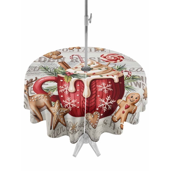 Outdoor Tablecloth with Umbrella Hole and Zipper, Christmas Round Table Cloth 60 Inch Waterproof Tablecloth, Retro Xmas Deer Candy Ice Cream Pine Needle Picnic Table Cover for Patio Camping