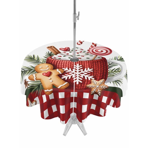 Outdoor Tablecloth with Umbrella Hole and Zipper, Christmas Round Table Cloth 60 Inch Waterproof Tablecloth, Winter Ice Cream Sugar Pine Needle Red Plaid Picnic Table Cover for Patio Camping