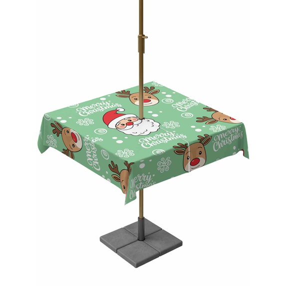 Outdoor Tablecloth with Umbrella Hole and Zipper, Christmas Santa Claus Square Table Cloth 60x60 Inch Waterproof Tablecloth, Cartoon Xmas Elk Snowflakes Green Picnic Table Cover for Patio Camping