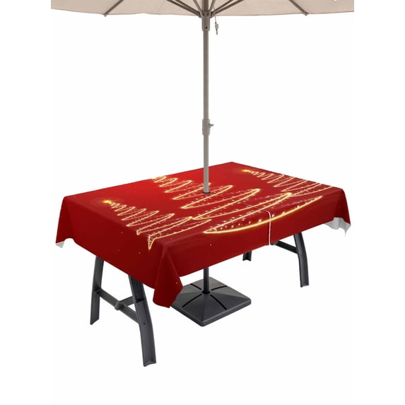 Outdoor Tablecloth with Umbrella Hole and Zipper, Christmas Shinny Tree Rectangle Table Cloth 60x102 Inch Waterproof Tablecloth, Xmas Light Stars Abstract Red Picnic Table Cover for Patio Camping