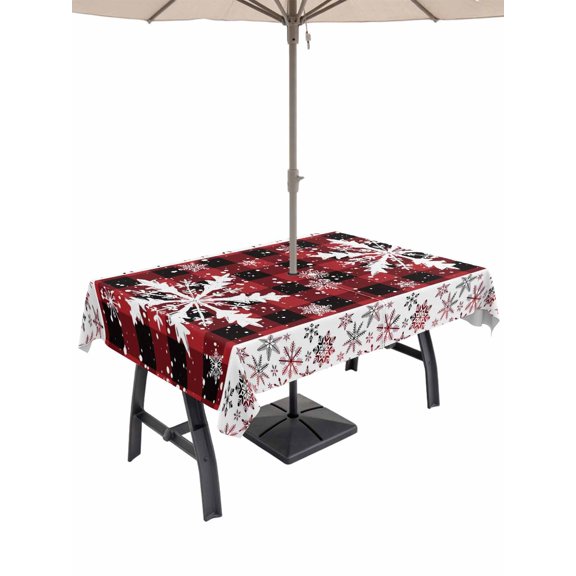 Outdoor Tablecloth with Umbrella Hole and Zipper, Christmas Snowflake Rectangle Table Cloth 60x102 Inch Waterproof Tablecloth, Winter Classic Red Black Plaid Picnic Table Cover for Patio Camping