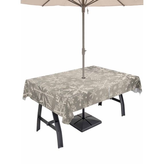 Outdoor Tablecloth with Umbrella Hole and Zipper, Christmas Snowflakes Rectangle Table Cloth 52x70 Inch Waterproof Tablecloth, Grey Winter Snow Vintage Country Picnic Table Cover for Patio Camping