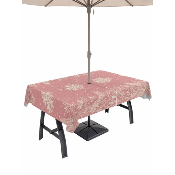 Outdoor Tablecloth with Umbrella Hole and Zipper, Christmas Snowflakes Rectangle Table Cloth 52x70 Inch Waterproof Tablecloth, Winter Xmas Pine Leaf Pink Red Picnic Table Cover for Patio Camping