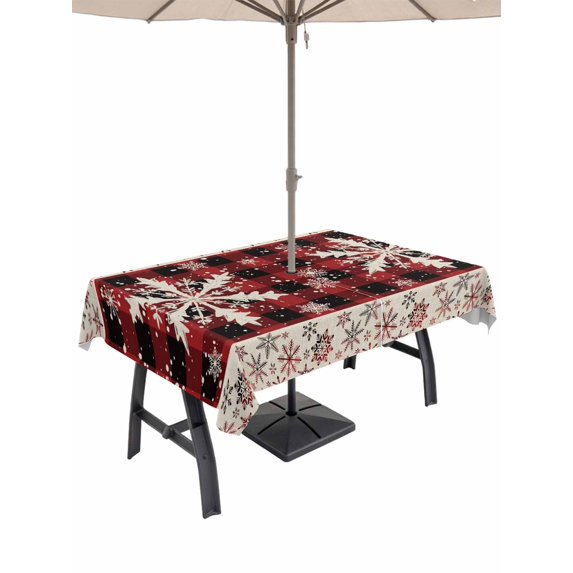 Outdoor Tablecloth with Umbrella Hole and Zipper, Christmas Snowflakes Rectangle Table Cloth 52x70 Inch Waterproof Tablecloth, Xmas Winter Vintage Red Plaid Picnic Table Cover for Patio Camping