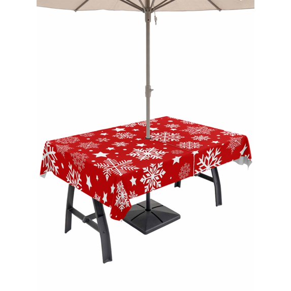 Outdoor Tablecloth with Umbrella Hole and Zipper, Christmas Snowflakes Rectangle Table Cloth 54x80 Inch Waterproof Tablecloth, Winter Xmas Red White Picnic Table Cover for Patio Camping