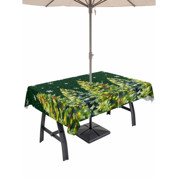 Outdoor Tablecloth with Umbrella Hole and Zipper, Christmas Snowflakes Rectangle Table Cloth 54x80 Inch Waterproof Tablecloth, Xmas Winter Pine Trees Green Picnic Table Cover for Patio Camping