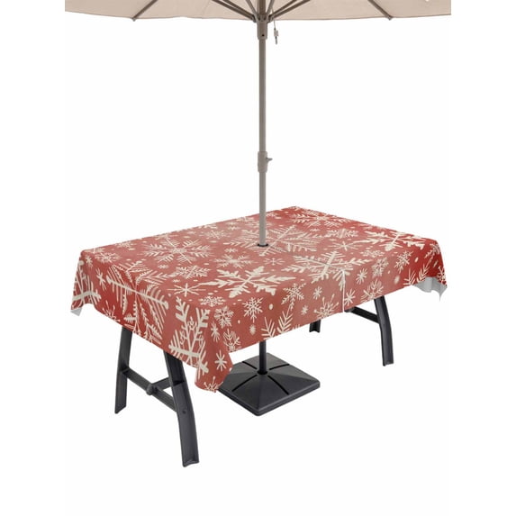 Outdoor Tablecloth with Umbrella Hole and Zipper, Christmas Snowflakes Rectangle Table Cloth 60x102 Inch Waterproof Tablecloth, Red Winter White Snow Retro Picnic Table Cover for Patio Camping