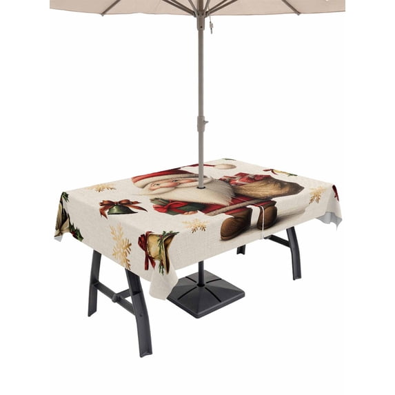 Outdoor Tablecloth with Umbrella Hole and Zipper, Christmas Snowflakes Rectangle Table Cloth 60x102 Inch Waterproof Tablecloth, Xmas Winter Gnomes Bells Beige Picnic Table Cover for Patio Camping
