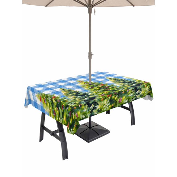 Outdoor Tablecloth with Umbrella Hole and Zipper, Christmas Snowflakes Rectangle Table Cloth 60x102 Inch Waterproof Tablecloth, Xmas Winter Green Pine Trees Blue Plaid Picnic Table Cover for Patio