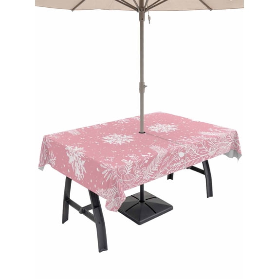 Outdoor Tablecloth with Umbrella Hole and Zipper, Christmas Snowflakes Rectangle Table Cloth 60x120 Inch Waterproof Tablecloth, Winter Xmas Pine Leaf Pink Picnic Table Cover for Patio Camping