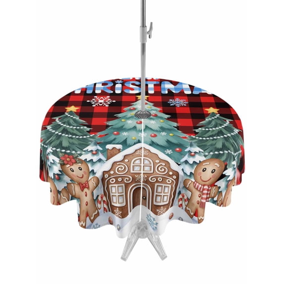 Outdoor Tablecloth with Umbrella Hole and Zipper, Christmas Snowflakes Round Table Cloth 54 Inch Waterproof Tablecloth, Winter Gingerbread Man Xmas Tree Plaid Picnic Table Cover for Patio Camping