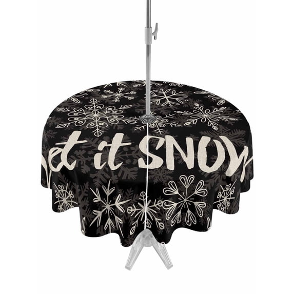 Outdoor Tablecloth with Umbrella Hole and Zipper, Christmas Snowflakes Round Table Cloth 60 Inch Waterproof Tablecloth, Winter Xmas Flower Textured Black Picnic Table Cover for Patio Camping