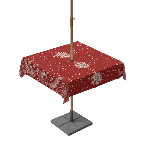 Outdoor Tablecloth with Umbrella Hole and Zipper, Christmas Snowflakes Square Table Cloth 60x60 Inch Waterproof Tablecloth, Winter Xmas Pine Leaf Red on Linen Picnic Table Cover for Patio Camping