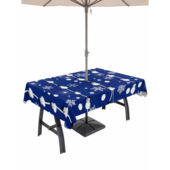 Outdoor Tablecloth with Umbrella Hole and Zipper, Christmas Snowman Blue Rectangle Table Cloth 52x70 Inch Waterproof Tablecloth, Winter Snowflakes Xmas Retro Picnic Table Cover for Patio Camping