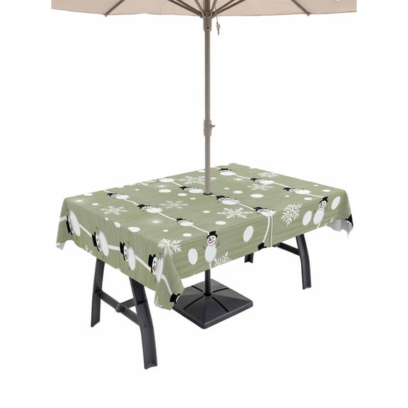 Outdoor Tablecloth with Umbrella Hole and Zipper, Christmas Snowman Green Rectangle Table Cloth 54x80 Inch Waterproof Tablecloth, Winter Snowflakes Xmas Retro Picnic Table Cover for Patio Camping
