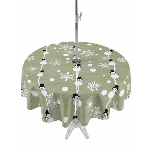 Outdoor Tablecloth with Umbrella Hole and Zipper, Christmas Snowman Green Round Table Cloth 54 Inch Waterproof Tablecloth, Winter Snowflakes Xmas Retro Picnic Table Cover for Patio Camping
