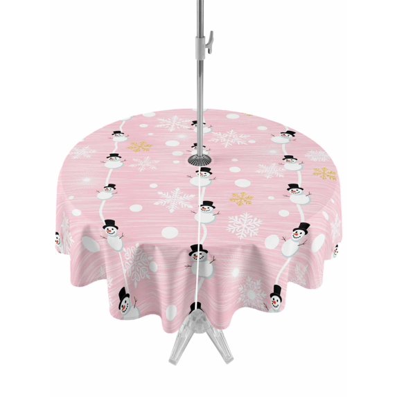 Outdoor Tablecloth with Umbrella Hole and Zipper, Christmas Snowman Pink Round Table Cloth 54 Inch Waterproof Tablecloth, Winter Snowflakes Xmas Retro Picnic Table Cover for Patio Camping