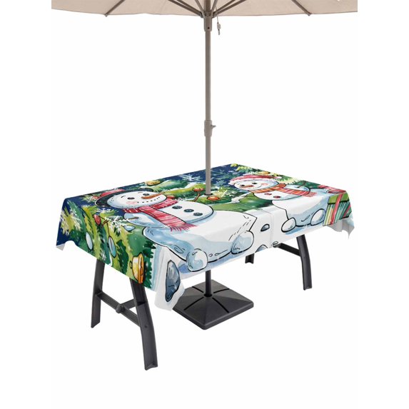 Outdoor Tablecloth with Umbrella Hole and Zipper, Christmas Snowman Rectangle Table Cloth 52x70 Inch Waterproof Tablecloth, Winter Snowflakes Xmas Trees Navy Blue Picnic Table Cover for Patio Camping