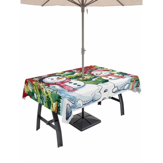 Outdoor Tablecloth with Umbrella Hole and Zipper, Christmas Snowman Rectangle Table Cloth 52x70 Inch Waterproof Tablecloth, Winter Snowflakes Xmas Trees Red Picnic Table Cover for Patio Camping