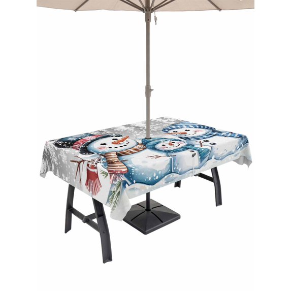 Outdoor Tablecloth with Umbrella Hole and Zipper, Christmas Snowman Rectangle Table Cloth 52x70 Inch Waterproof Tablecloth, Xmas Winter Snowflakes Tree Forest Grey Picnic Table Cover for Patio