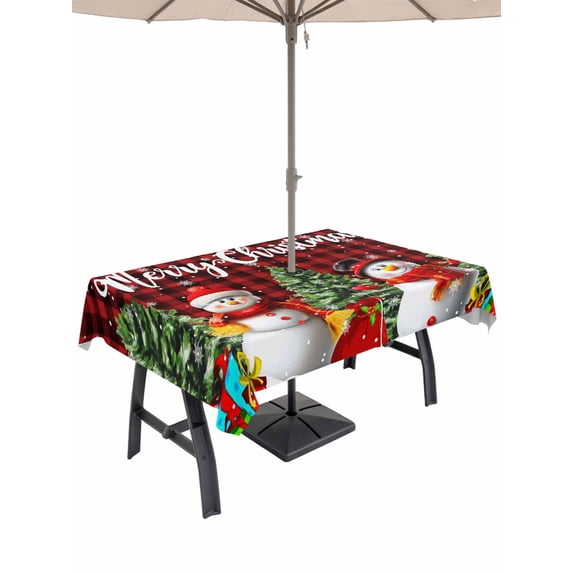 Outdoor Tablecloth with Umbrella Hole and Zipper, Christmas Snowman Rectangle Table Cloth 54x80 Inch Waterproof Tablecloth, Black Red Checked Snowflake Pine Tree Picnic Table Cover for Patio Camping