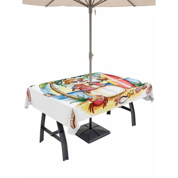 Outdoor Tablecloth with Umbrella Hole and Zipper, Christmas Snowman Rectangle Table Cloth 54x80 Inch Waterproof Tablecloth, Winter Coastal Beach Palm Tree Xmas Picnic Table Cover for Patio Camping