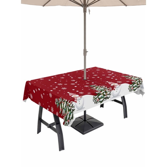 Outdoor Tablecloth with Umbrella Hole and Zipper, Christmas Snowman Rectangle Table Cloth 54x80 Inch Waterproof Tablecloth, Winter Xmas Trees Snowflakes Red Picnic Table Cover for Patio Camping