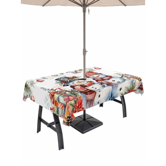 Outdoor Tablecloth with Umbrella Hole and Zipper, Christmas Snowman Rectangle Table Cloth 54x80 Inch Waterproof Tablecloth, Xmas Balls Poinsettia Botanical Picnic Table Cover for Patio Camping