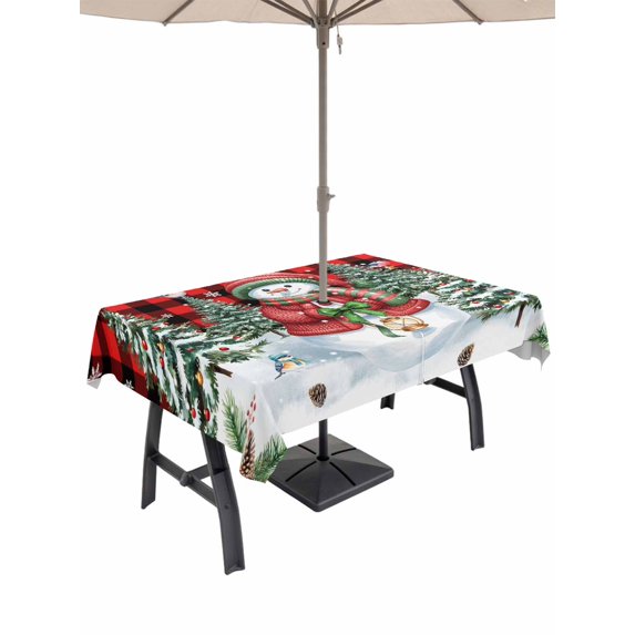 Outdoor Tablecloth with Umbrella Hole and Zipper, Christmas Snowman Rectangle Table Cloth 60x102 Inch Waterproof Tablecloth, Red Black Plaid Xmas Tree Snowflake Picnic Table Cover for Patio Camping
