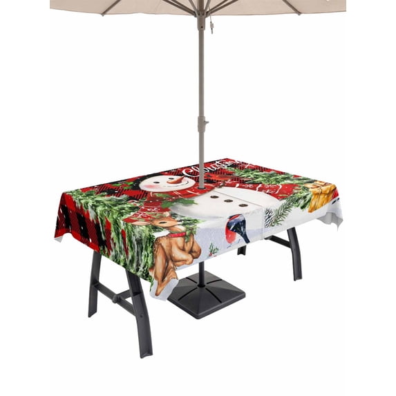 Outdoor Tablecloth with Umbrella Hole and Zipper, Christmas Snowman Rectangle Table Cloth 60x102 Inch Waterproof Tablecloth, Red Plaid Xmas Tree Elk Gifts Snowflake Picnic Table Cover for Patio