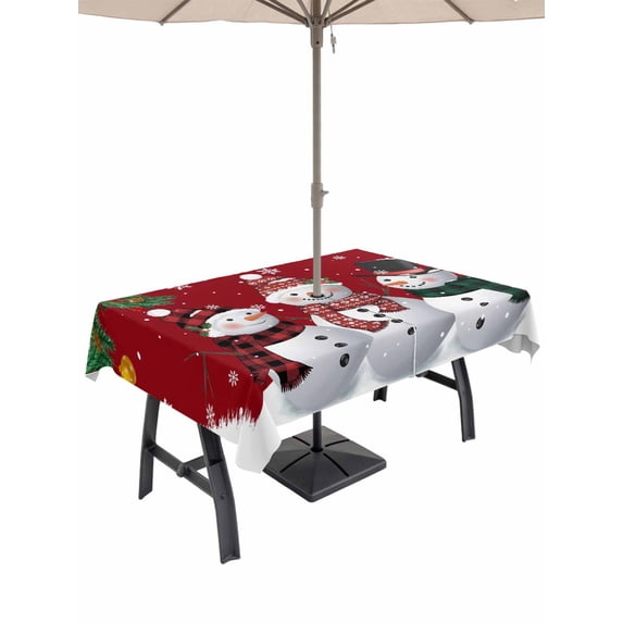 Outdoor Tablecloth with Umbrella Hole and Zipper, Christmas Snowman Rectangle Table Cloth 60x102 Inch Waterproof Tablecloth, Red Xmas Pine Branch Snowflake Red Birds Picnic Table Cover for Patio