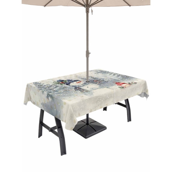 Outdoor Tablecloth with Umbrella Hole and Zipper, Christmas Snowman Rectangle Table Cloth 60x102 Inch Waterproof Tablecloth, Retro Xmas Forest Trees Golden Snowflakes Picnic Table Cover for Patio