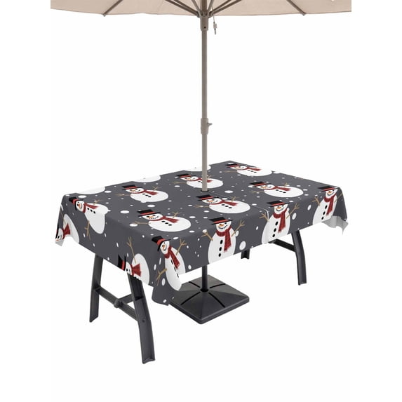 Outdoor Tablecloth with Umbrella Hole and Zipper, Christmas Snowman Rectangle Table Cloth 60x102 Inch Waterproof Tablecloth, Winter Black Grey Xmas Snow Cute Picnic Table Cover for Patio Camping