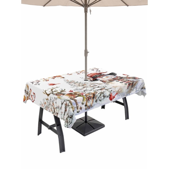 Outdoor Tablecloth with Umbrella Hole and Zipper, Christmas Snowman Rectangle Table Cloth 60x102 Inch Waterproof Tablecloth, Xmas Snowflake Elk Eucalyptus Leaves Picnic Table Cover for Patio Camping