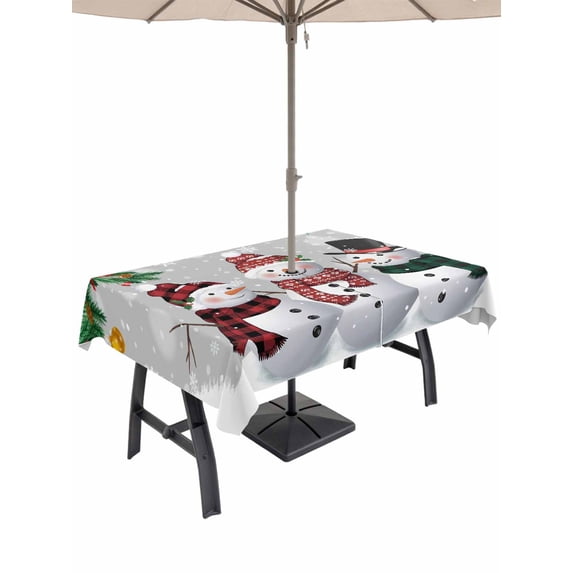 Outdoor Tablecloth with Umbrella Hole and Zipper, Christmas Snowman Rectangle Table Cloth 60x120 Inch Waterproof Tablecloth, Grey Xmas Pine Branches Snowflakes Red Birds Picnic Table Cover for Patio